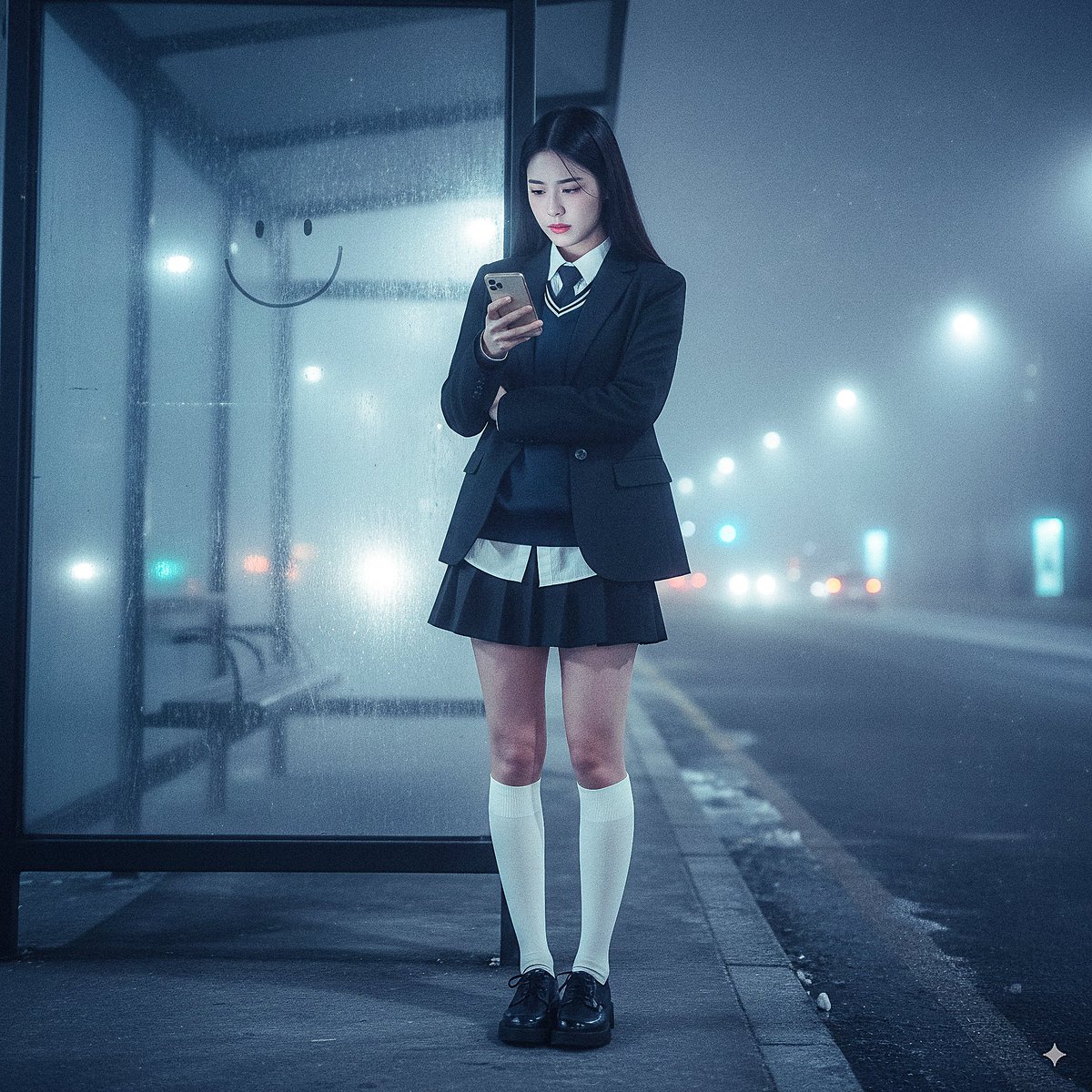 Korean Woman at Frosty Night Bus Stop Portrait
