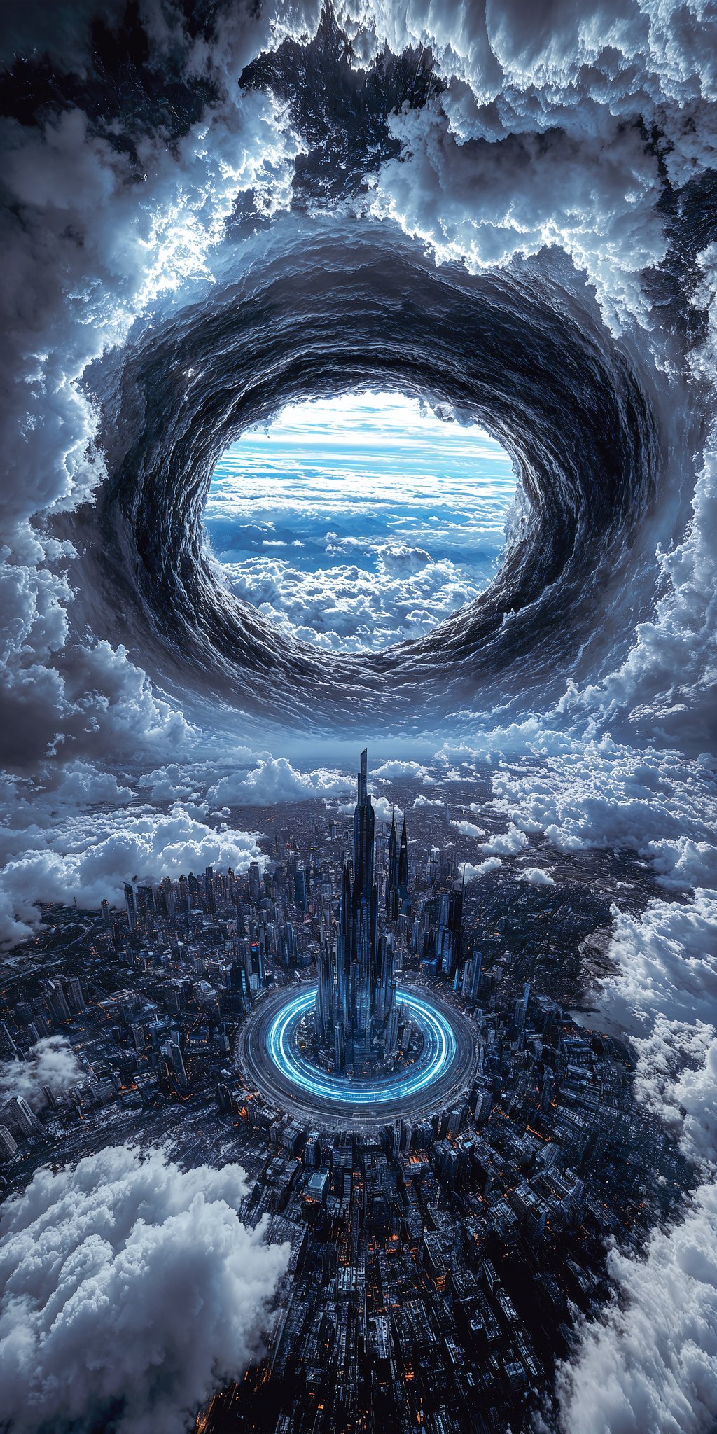 Massive Spiral Vortex Tears Through Storm Clouds Above Futuristic City