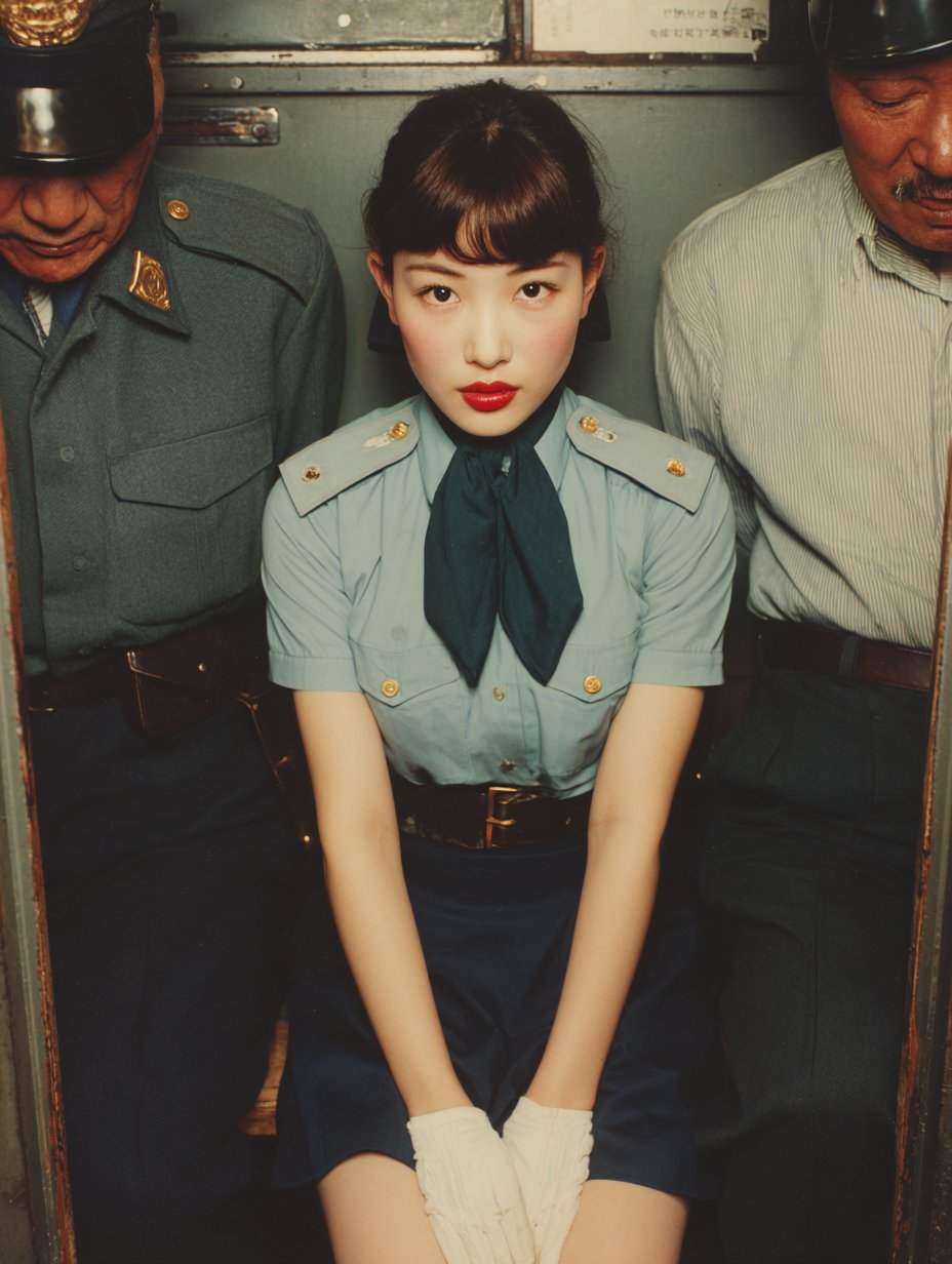 Young Japanese Woman in Police Uniform in Retro Bar