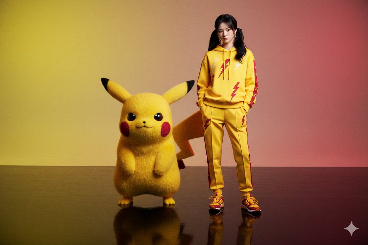 Hyper-realistic portrait of person with giant Pikachu in yellow-crimson outfit