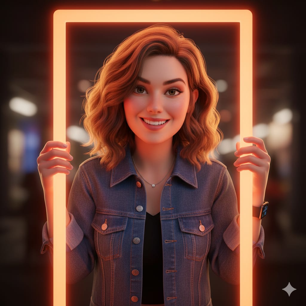 Hyper-Realistic Pixar Woman Leaning Through Glowing Frame