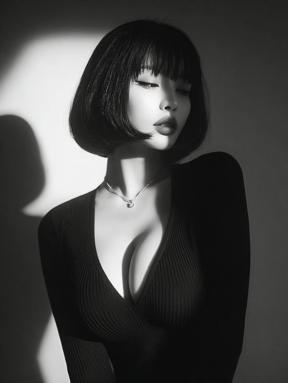 Captivating Black and White Asian Woman Portrait