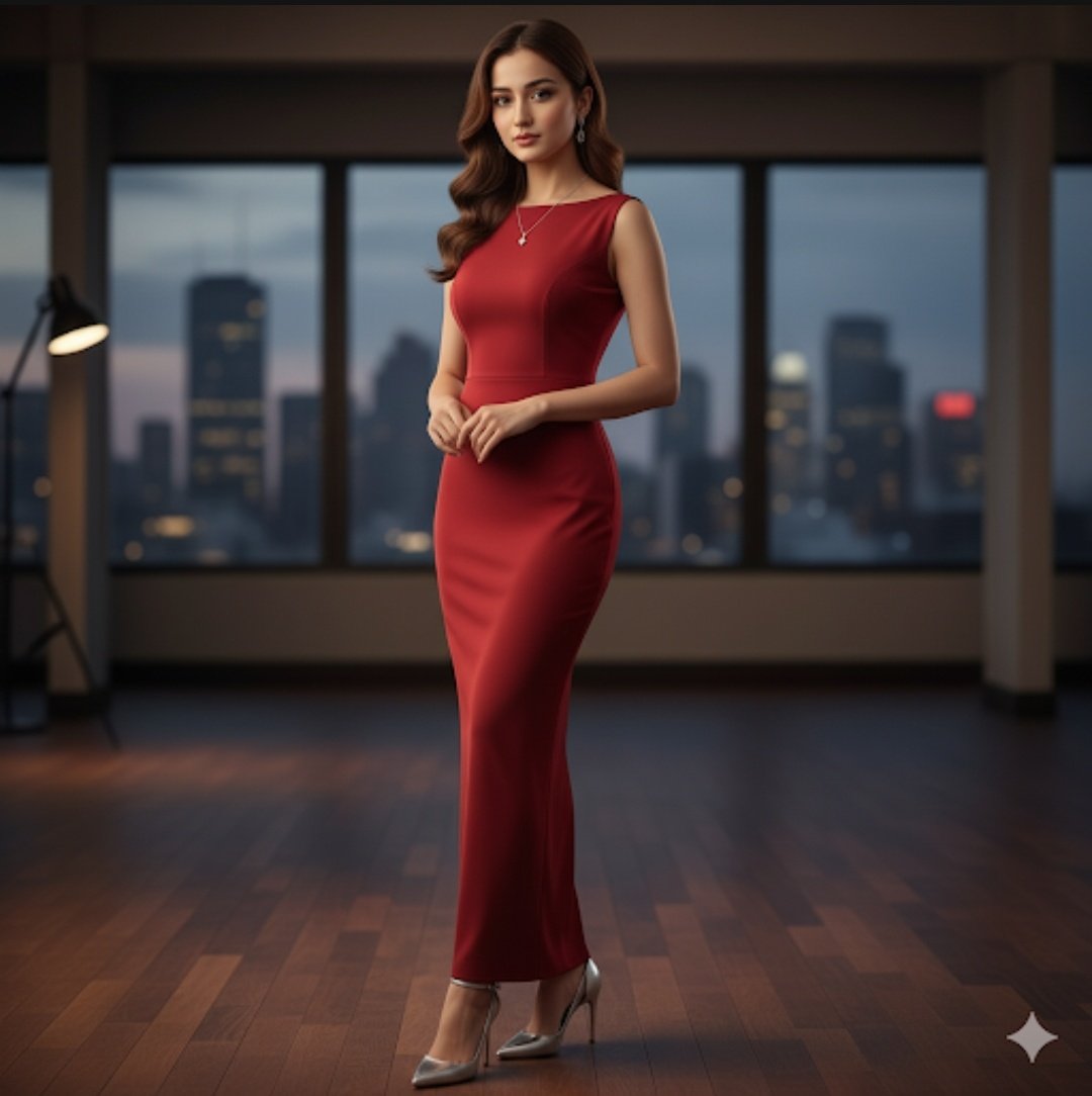 Beautiful Woman in Elegant Red Evening Gown Portrait