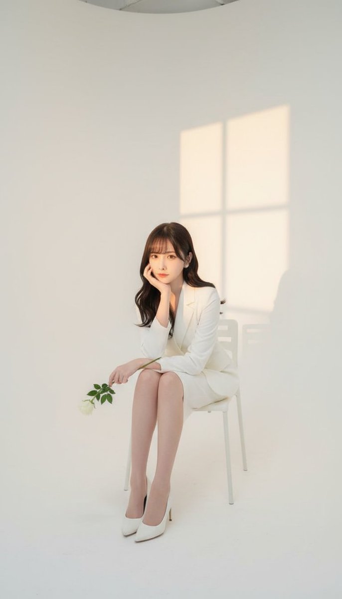 Studio Portrait of Woman in White Suit on Chair