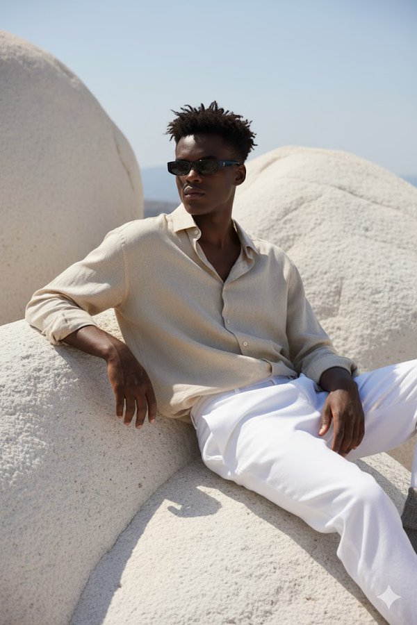 Young Man on White Rocks in Mediterranean Style