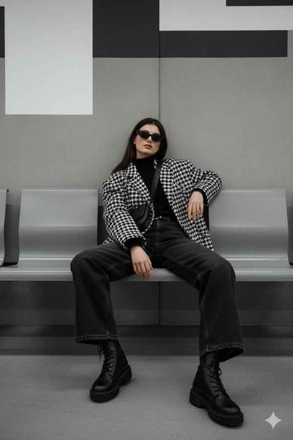 Calm Woman in Houndstooth Jacket on Modern Subway Bench