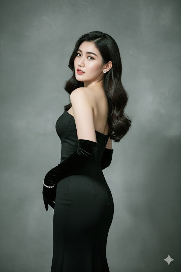 Elegant Back-Turned Pose in Sleek Black Gown