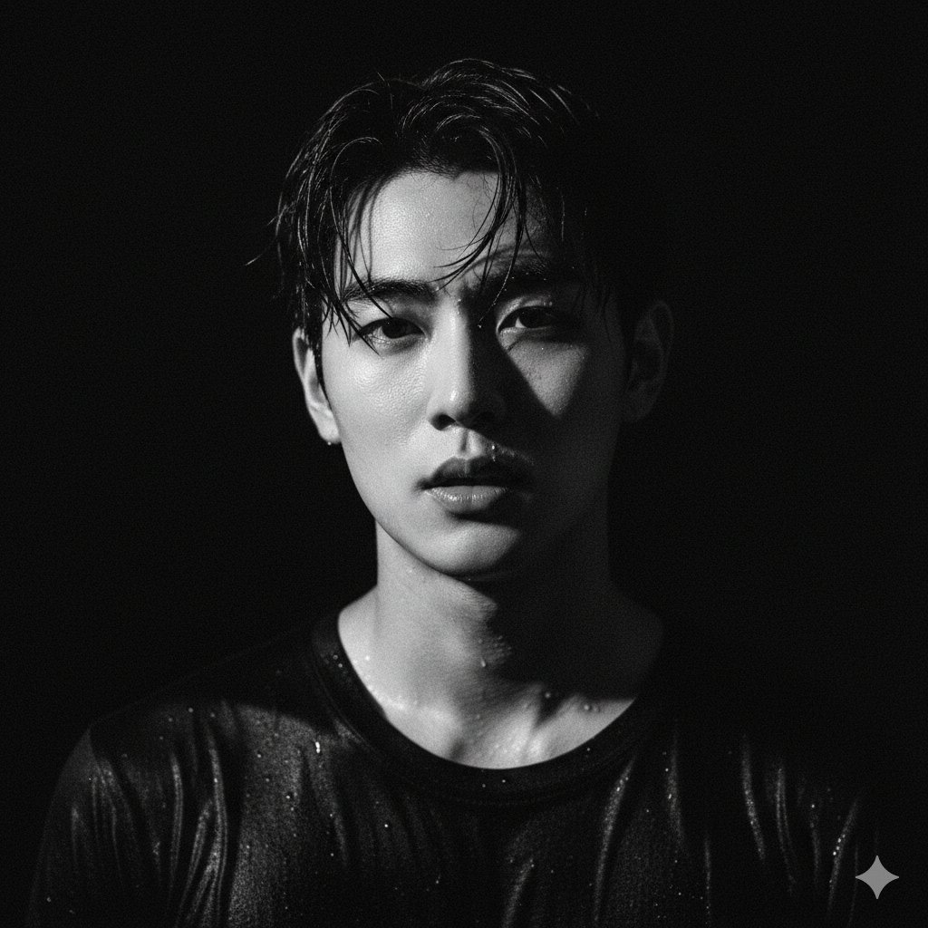 Dramatic Black & White Portrait of Wet Asian Man