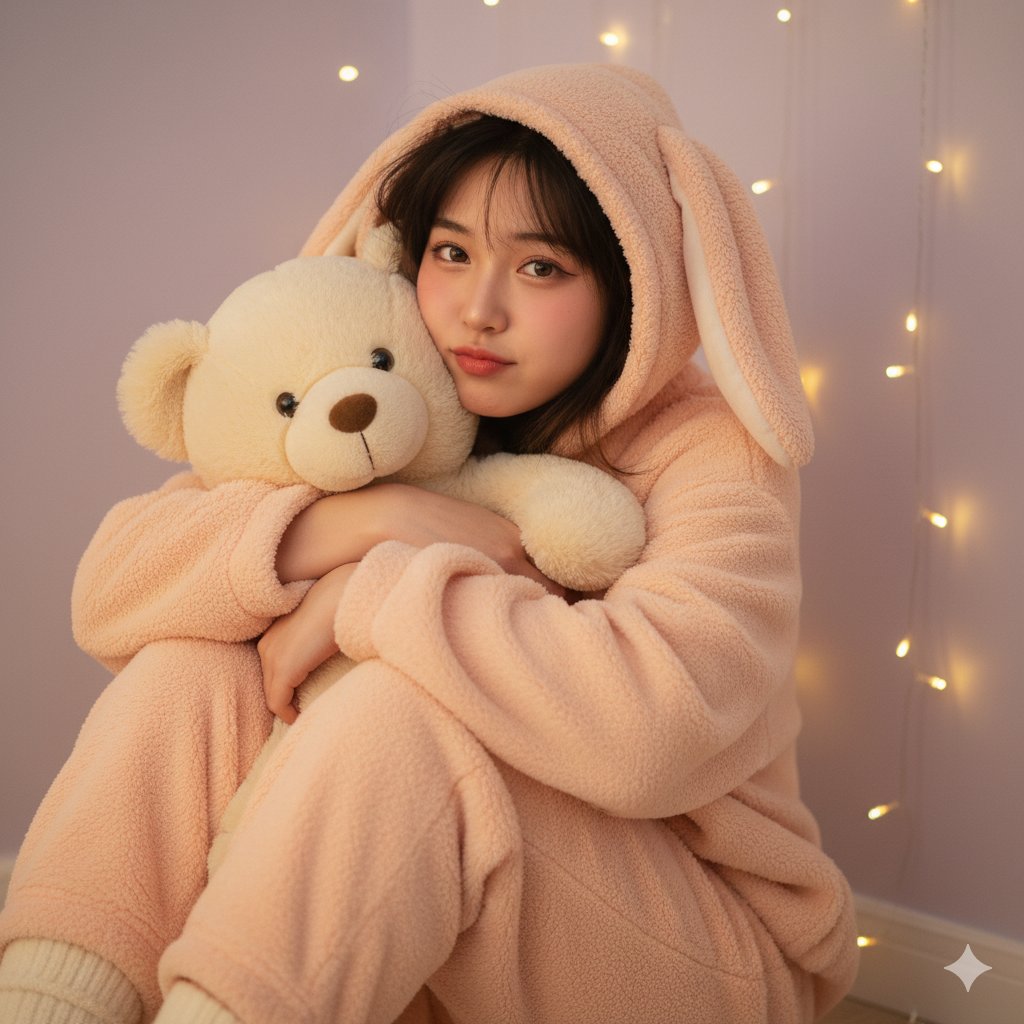 Cozy Pastel Peach Pajama Girl with Bunny Ears