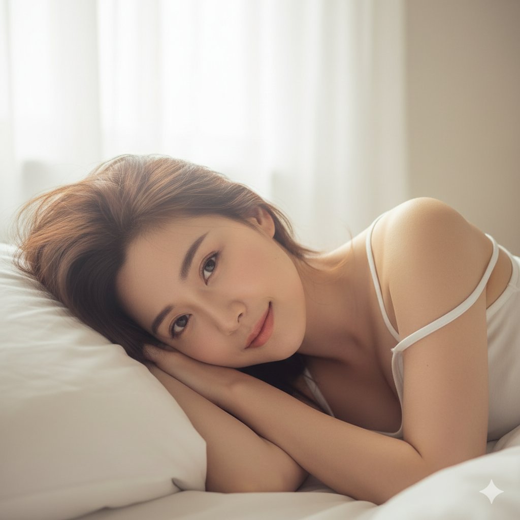 Sleepy East Asian Woman on White Pillows