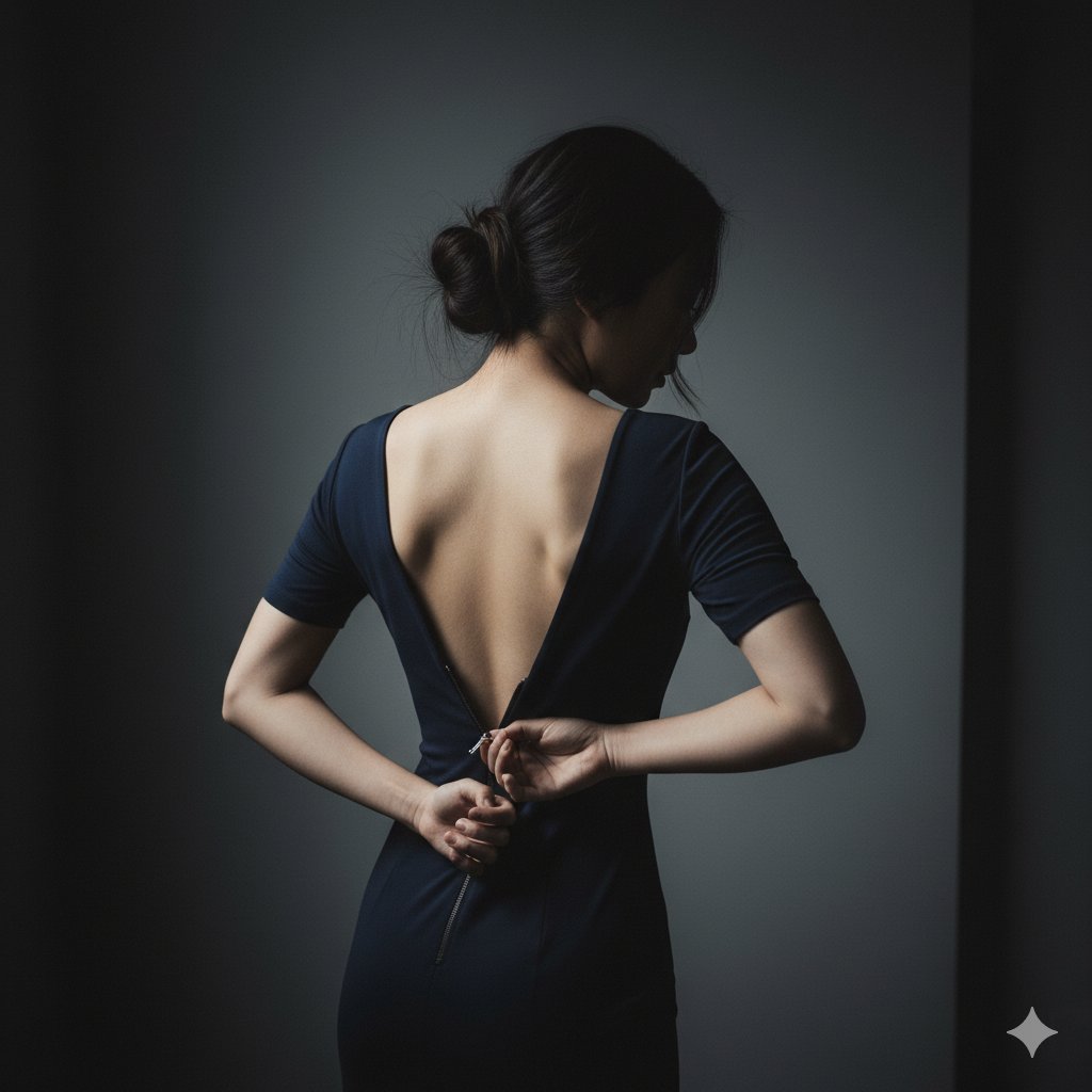 Elegant Woman Unzipping Dress from Behind