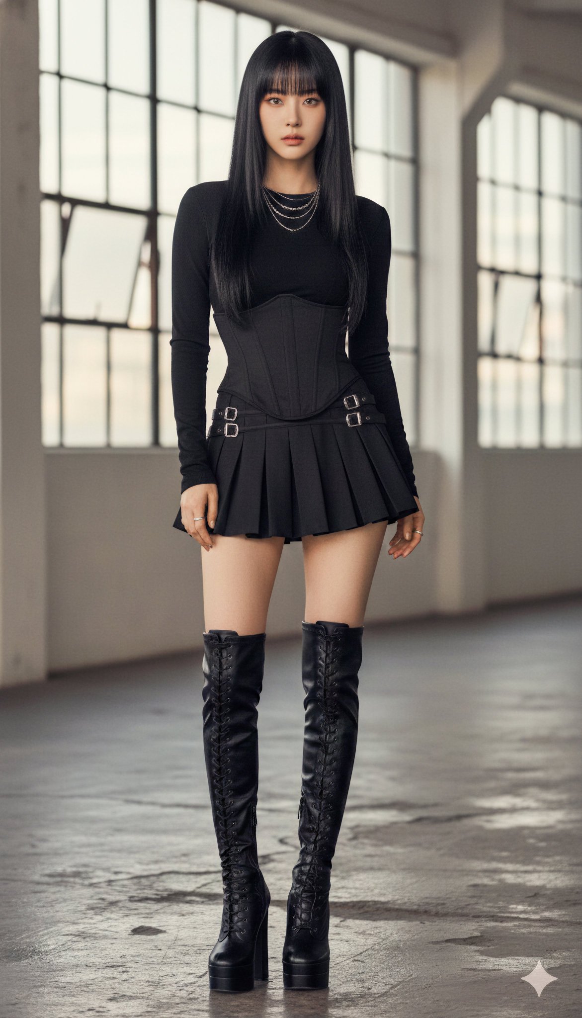 Full-Body Photorealistic Black Fashion Portrait of East Asian Idol