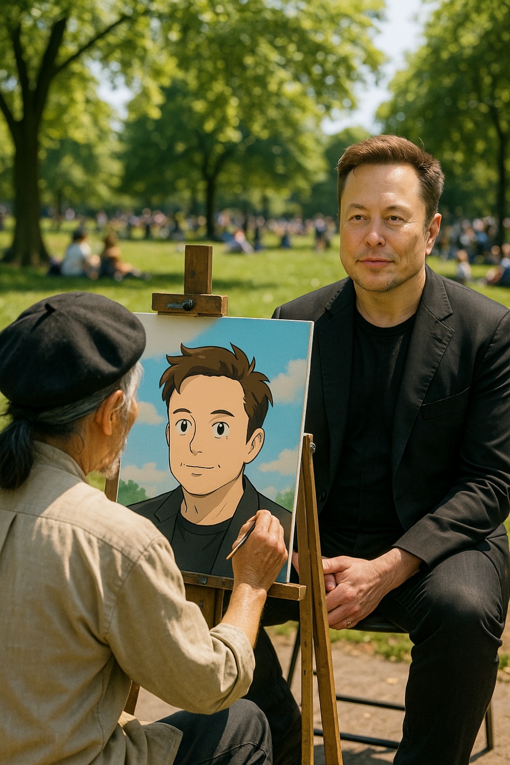 Japanese Painter Creates Ghibli Portrait of Musk in Sunny Park
