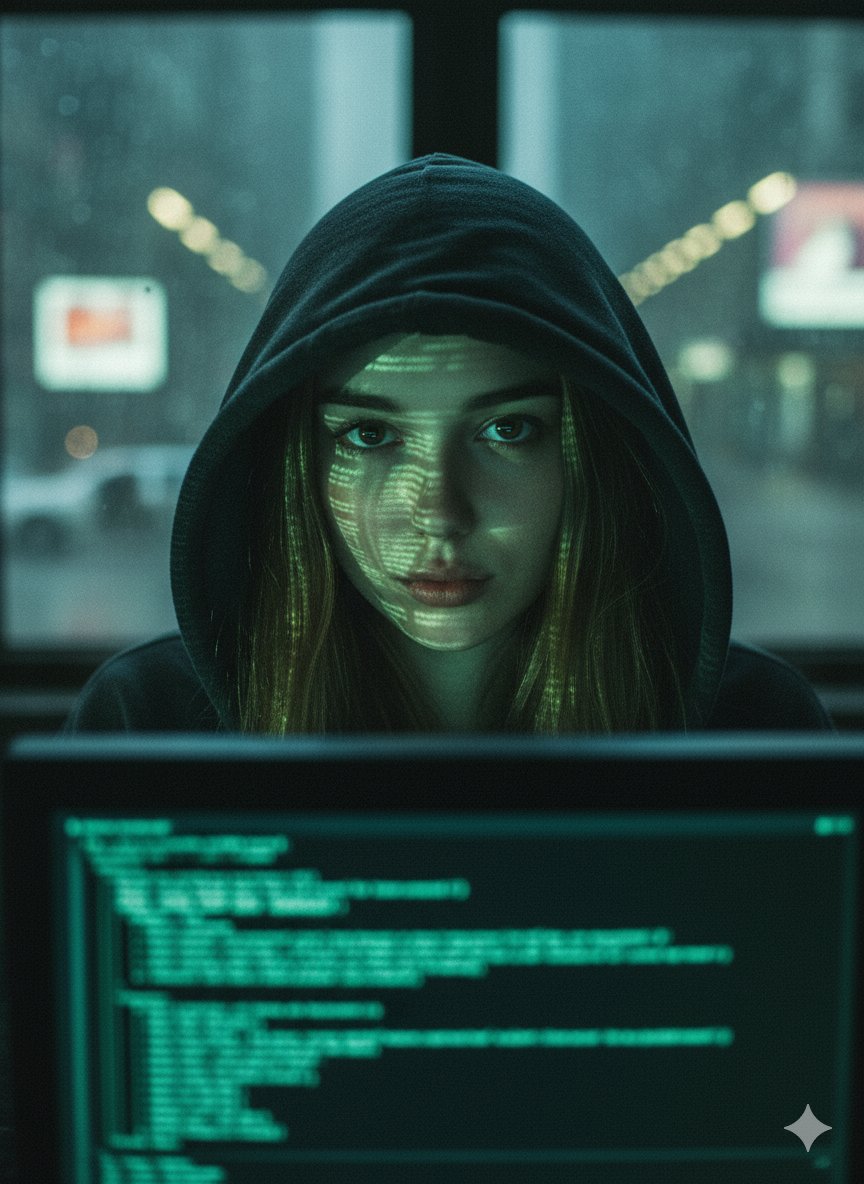 Close-up Portrait of Young Woman in Dark Hoodie with Green Code Reflection