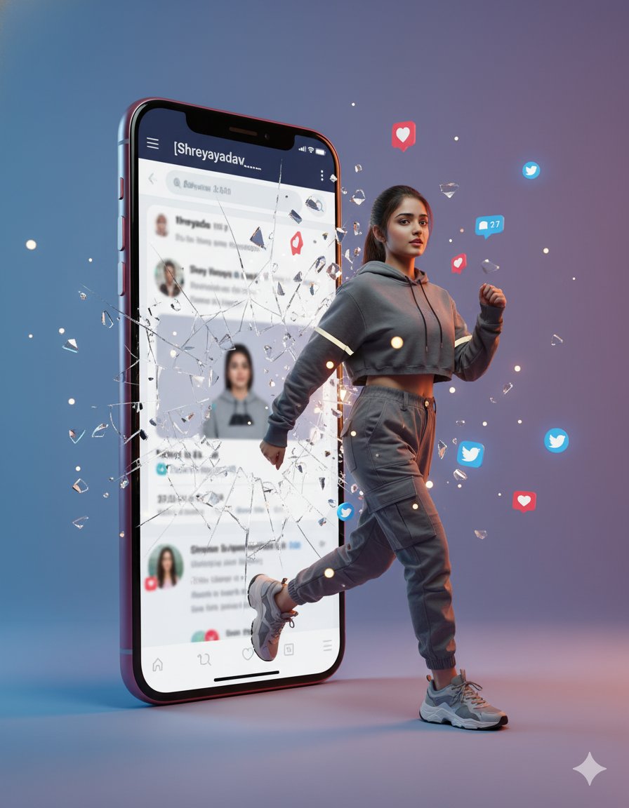Woman Emerging from Smartphone Screen with Shattering Glass