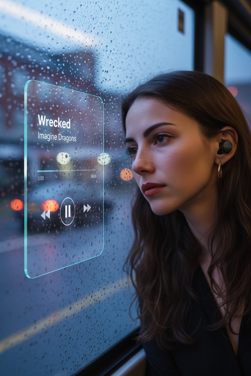Sad Young Man Resting Head on Bus Window with Music UI