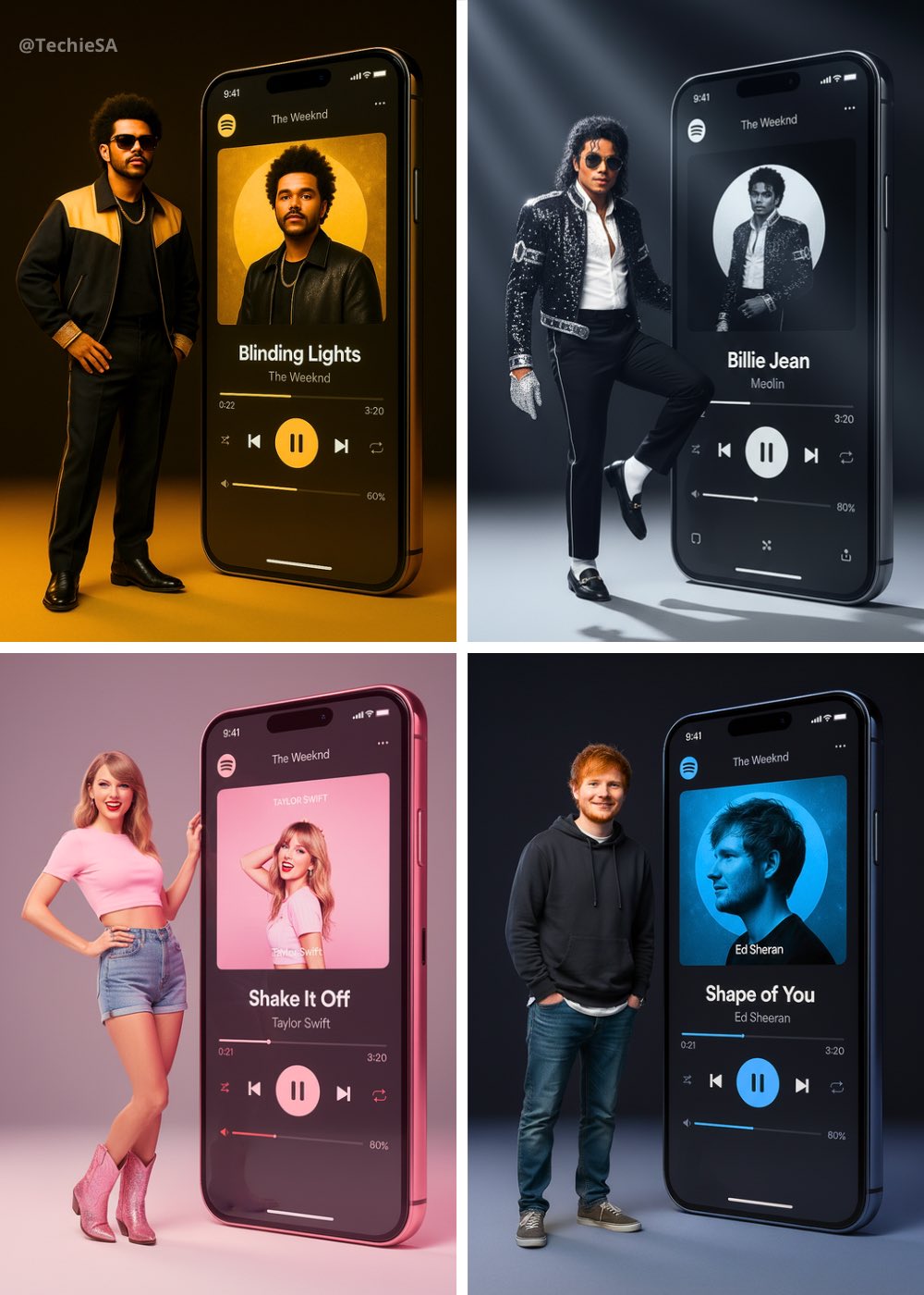 Realistic Full-Body Artist Portrait with Spotify Phone