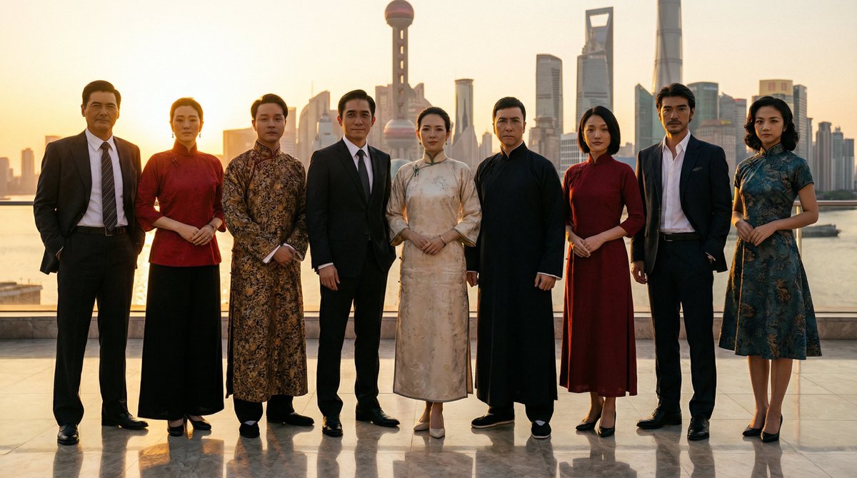 Famous Chinese Characters Editorial Group Photo at Sunset
