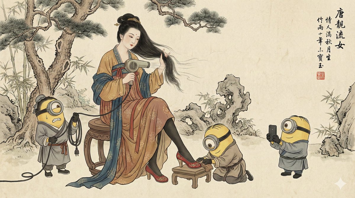 Tang Noblewoman with Minions and Hairdryer in Gongbi Painting