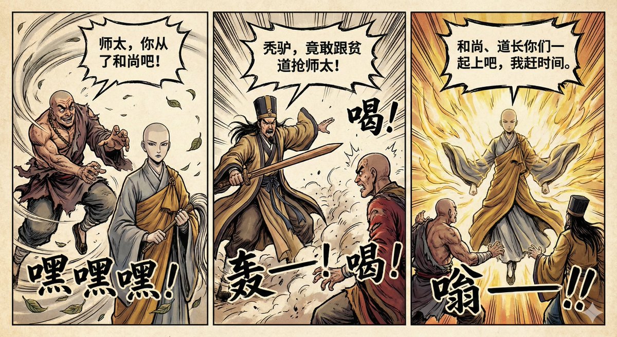 Hong Kong Wuxia 3-Panel Comic: Monk, Taoist and Nun