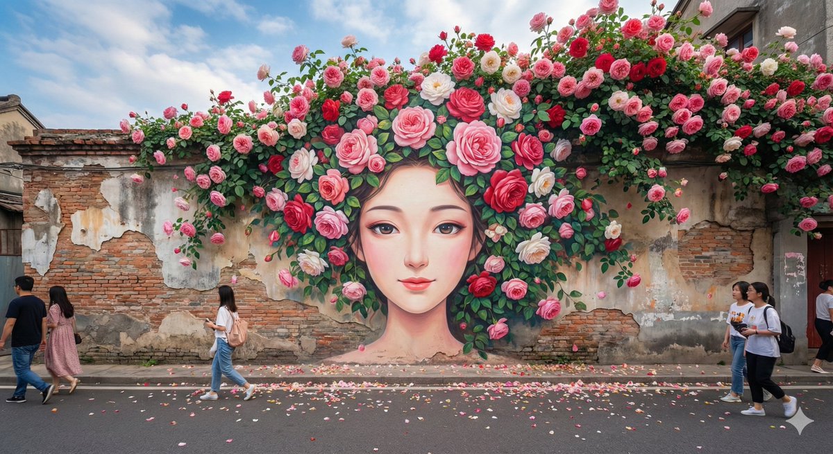 Stunning Photorealistic Street Mural with Chinese Style Cartoon Woman