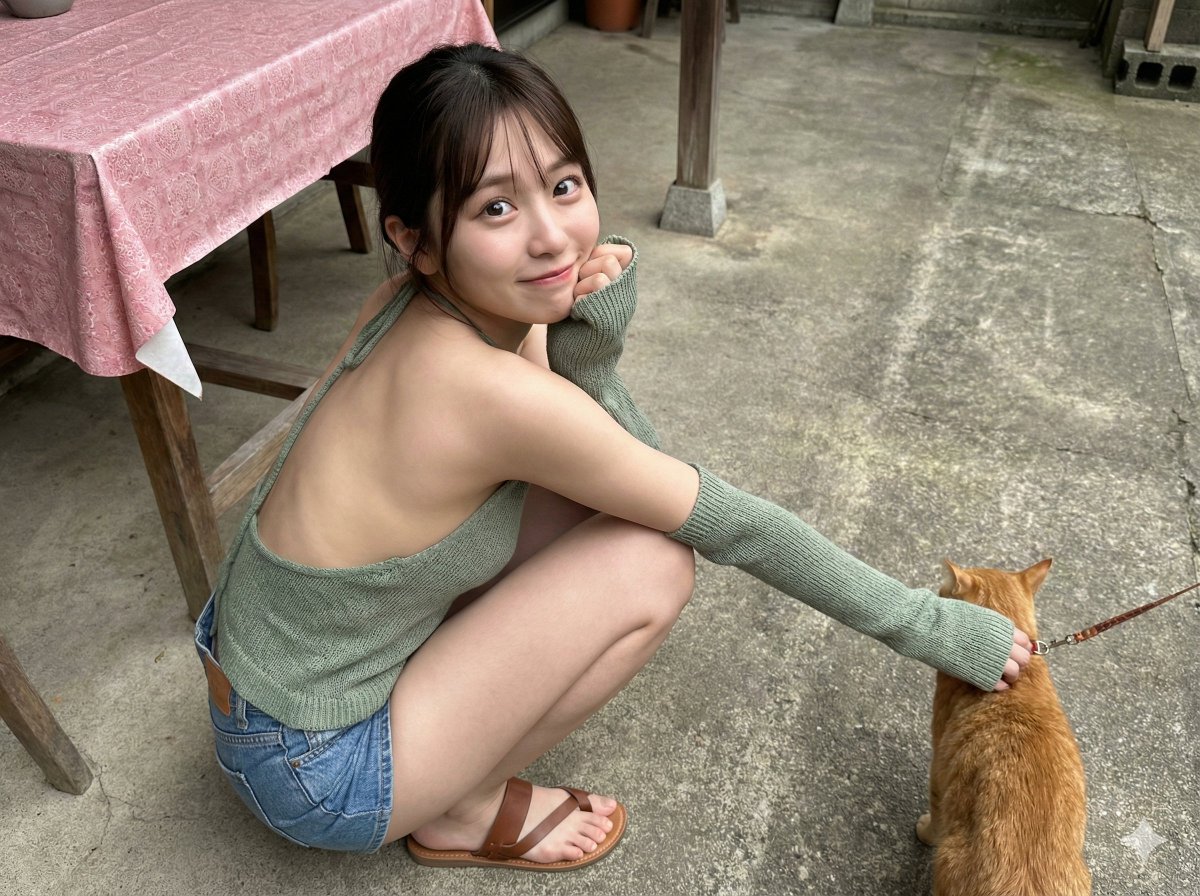 Young Asian Girl Squatting in Courtyard with Cat