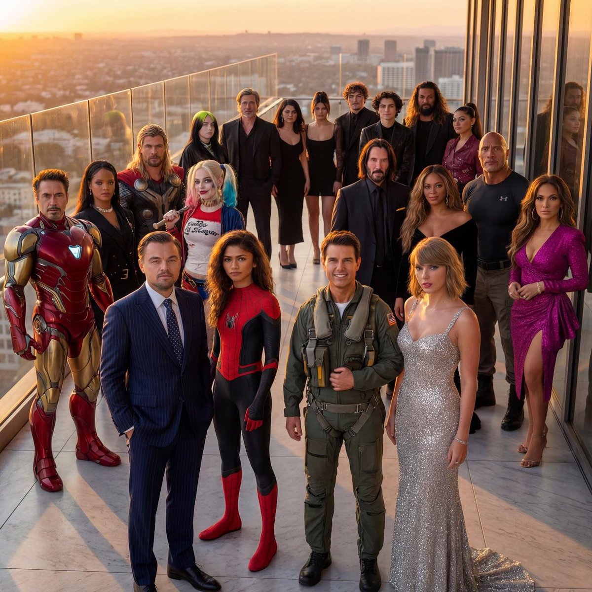 Massive Celebrity Group Portrait at Sunset Rooftop