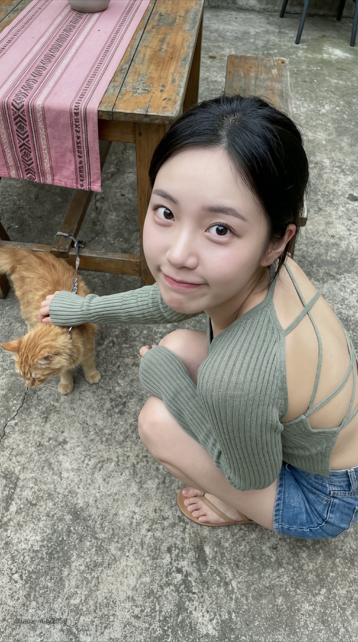 Candid Charm: Playful Asian Woman Squatting