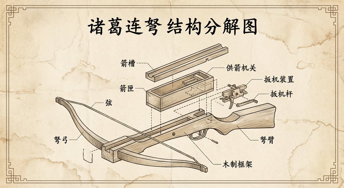 Retro Exploded Engineering View of Zhuge Crossbow
