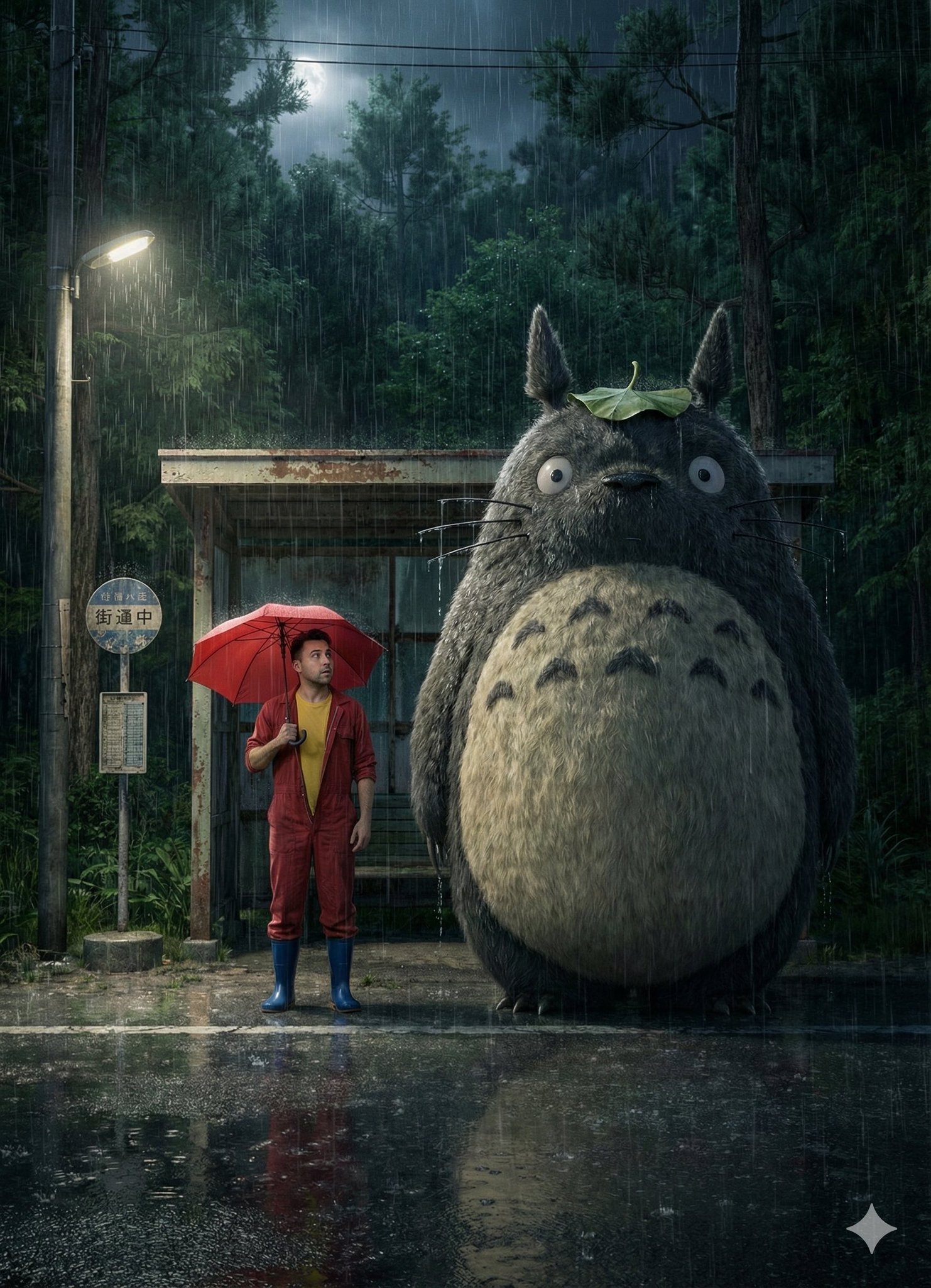 Rural Japanese Bus Stop Rainy Night with Totoro