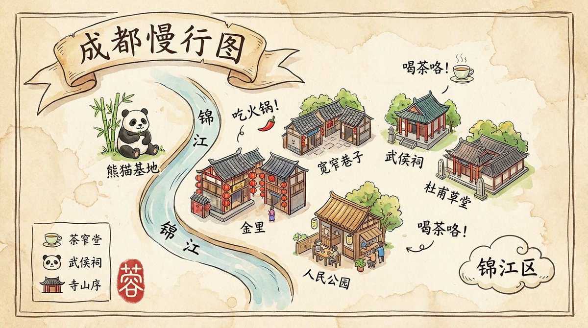 Hand-Drawn Chengdu Travel Map in Ghibli Style