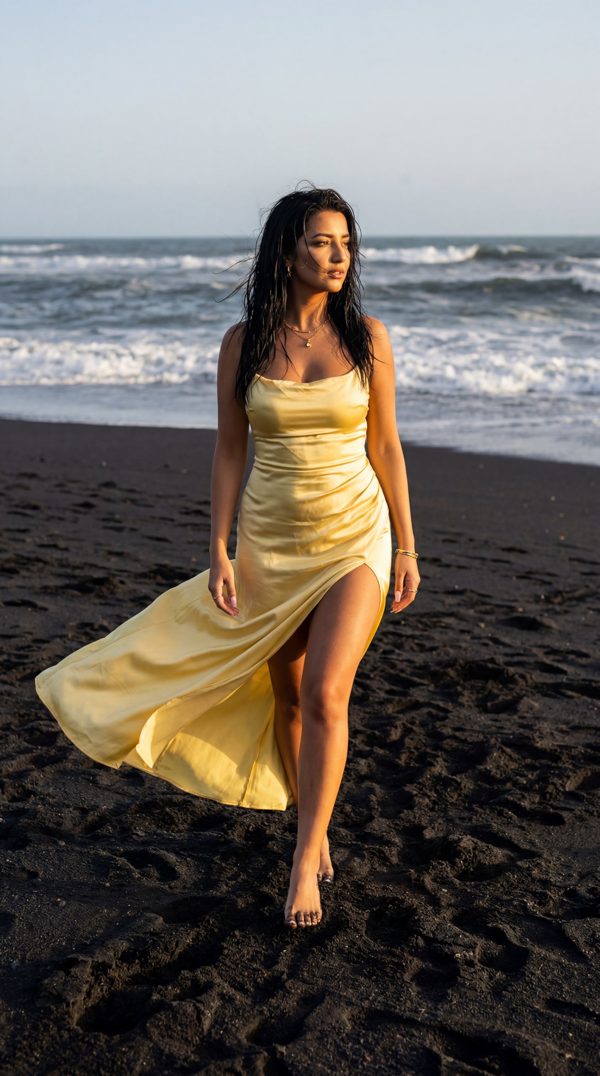 Yellow Satin Dress on Black Sand Beach Editorial