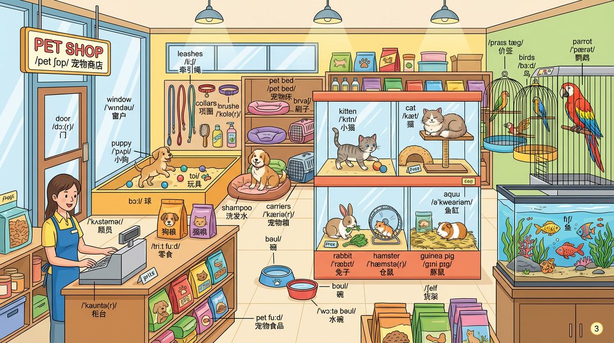 Pet Shop Scene with English Word Labels