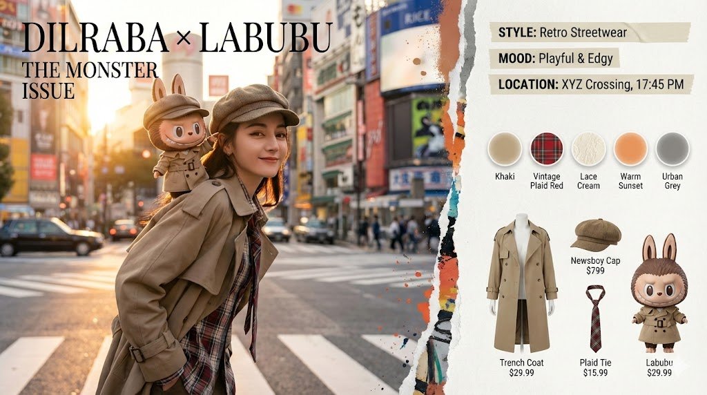 Dilraba x Labubu Double Exposure Urban Fashion Spread