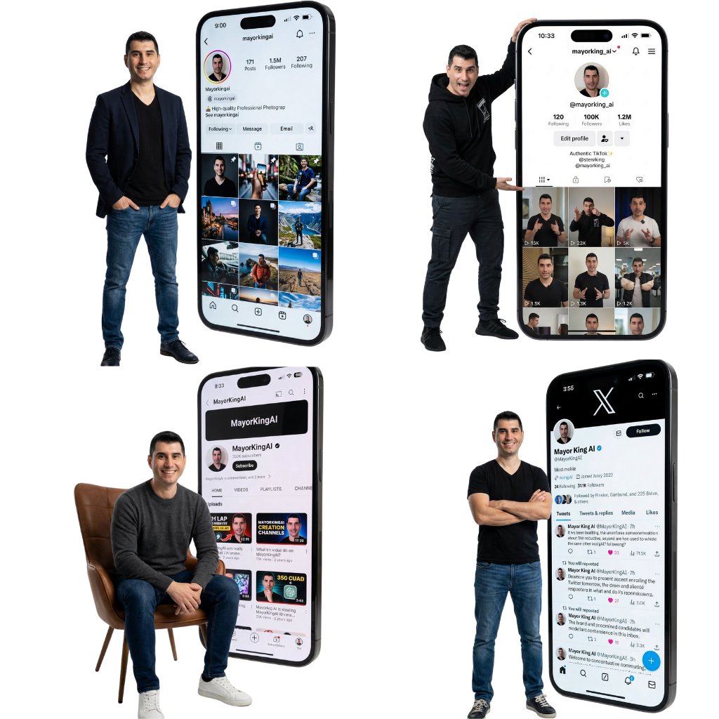 High-End Studio Portrait with Giant Smartphone UI
