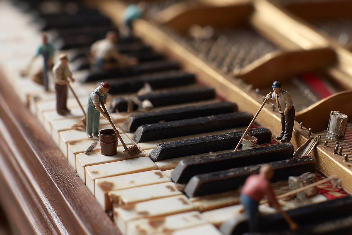 Tiny People Cleaning Grand Piano Keys