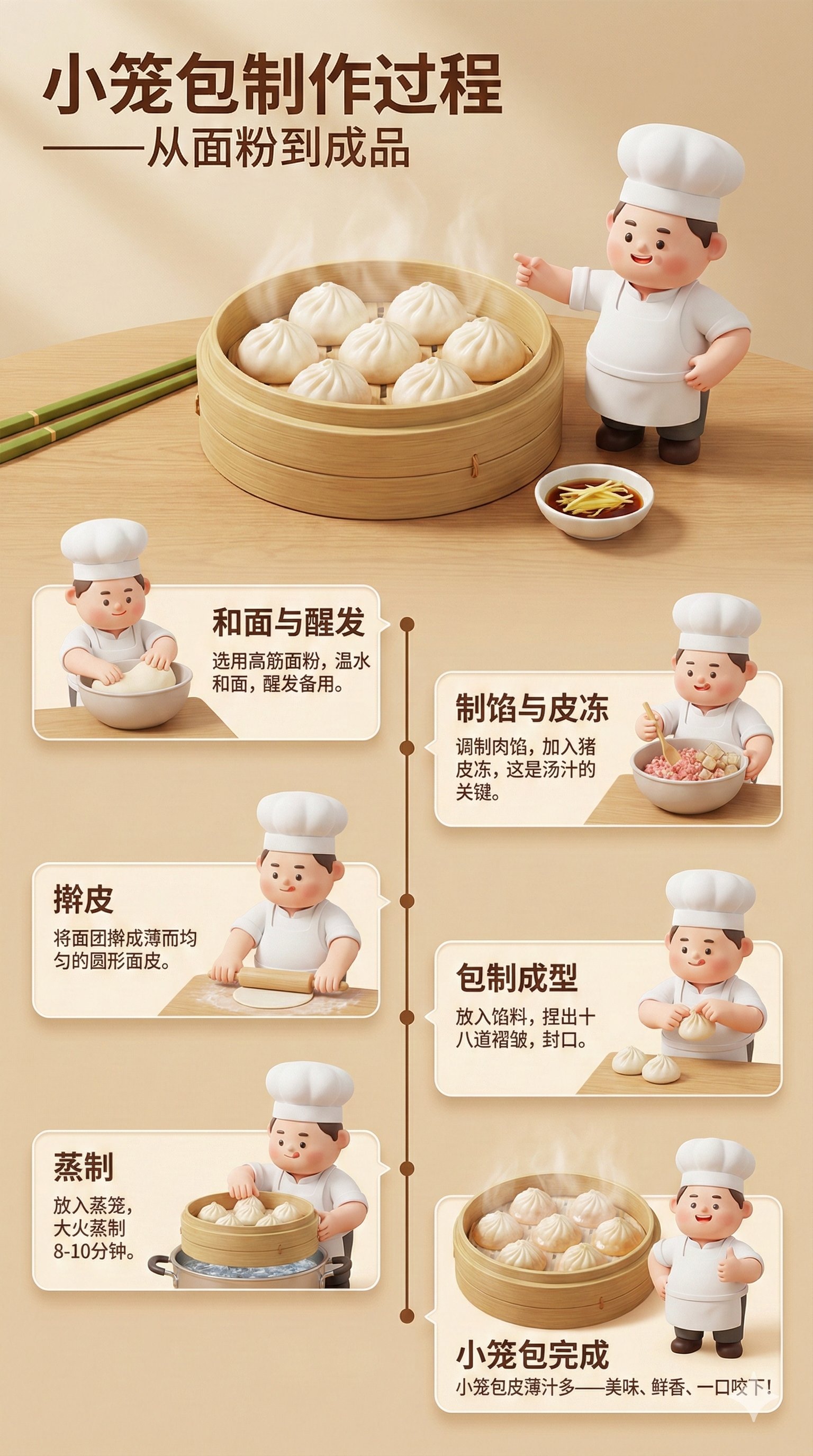 3D Infographic Poster: Xiaolongbao Making Process with Cute Chef