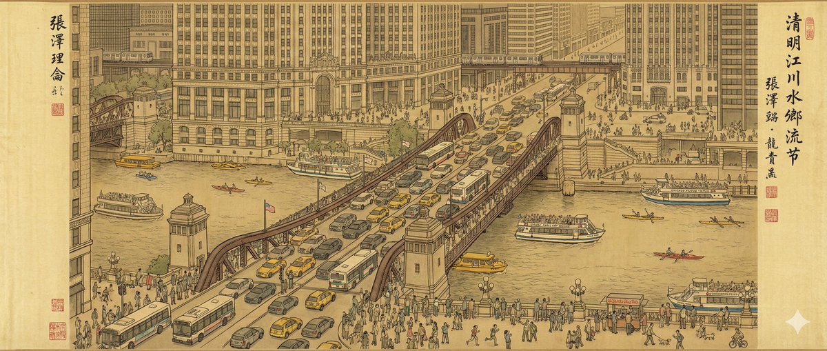 Modern Chicago Riverfront in Qingming Festival Scroll Style