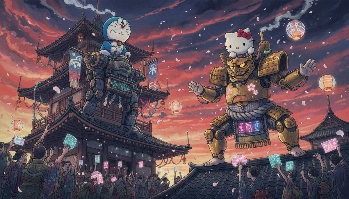 Surreal Japanese Sumi-e: Doraemon vs Hello Kitty Mecha Battle