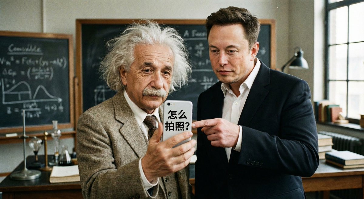 Disheveled Einstein Learning Selfie from Musk