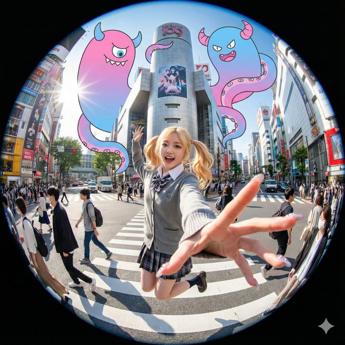 Blonde girl fisheye jump reaching out in Shibuya with giant cartoon monster