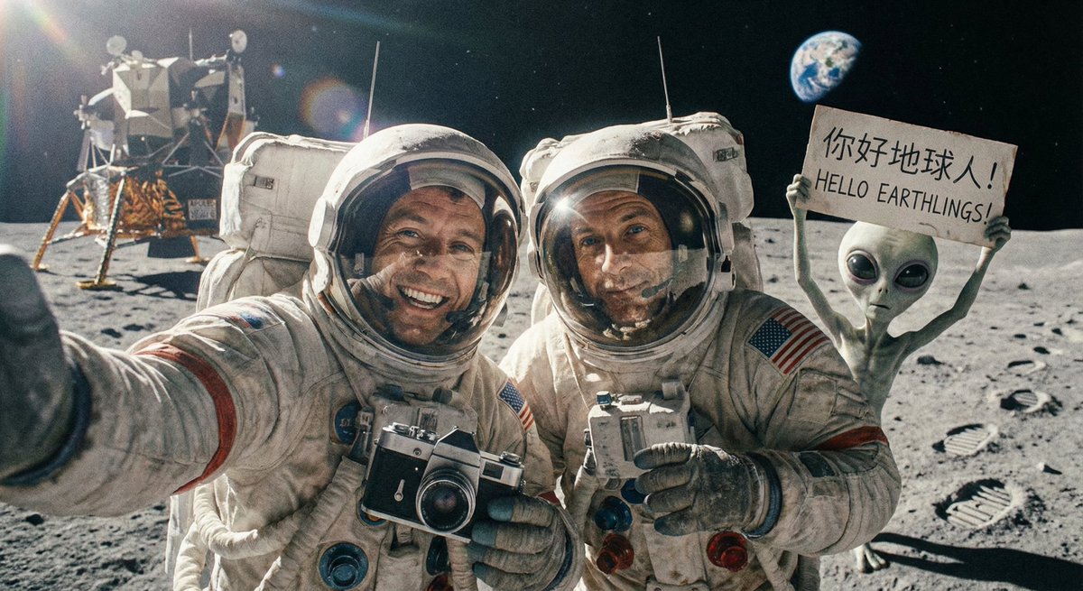 Astronauts Selfie on Moon with Funny Alien Photobomb