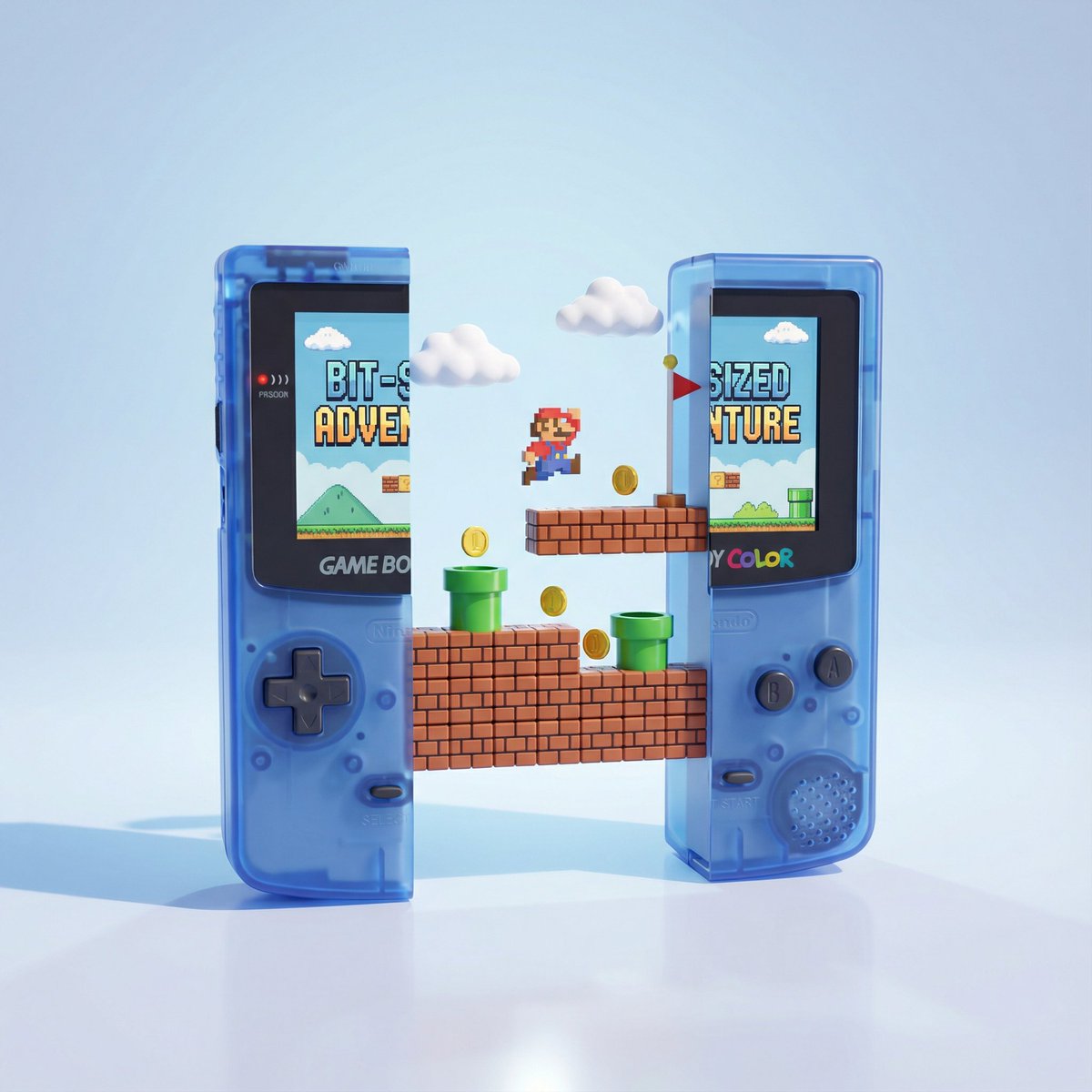 Split Handheld Game Console with Retro Platform World
