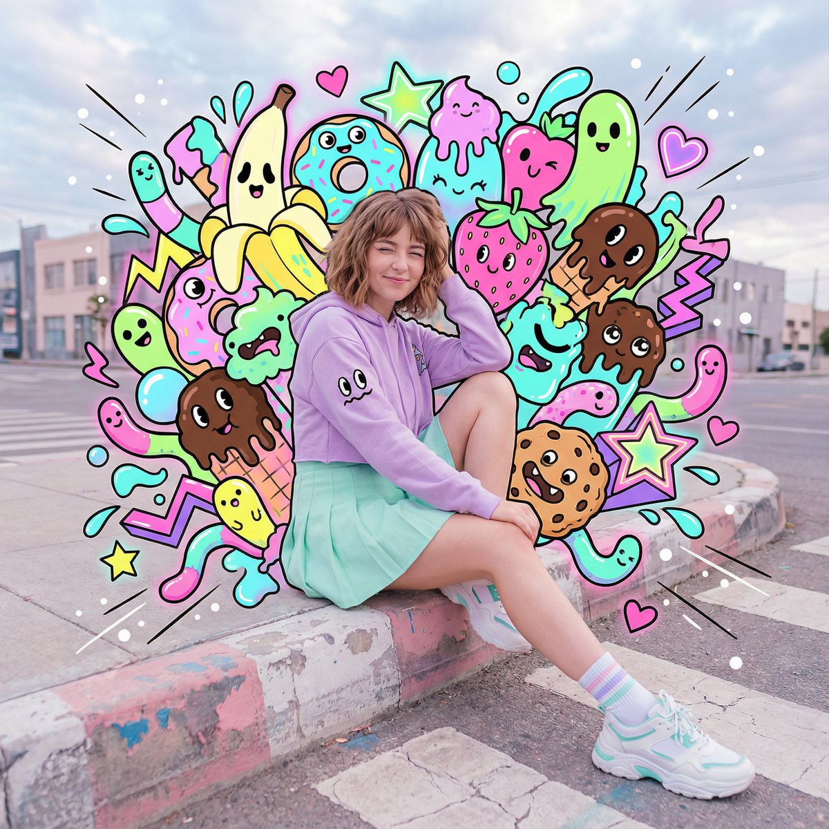Maximalist Pop Art Street Girl with Sweets Monsters