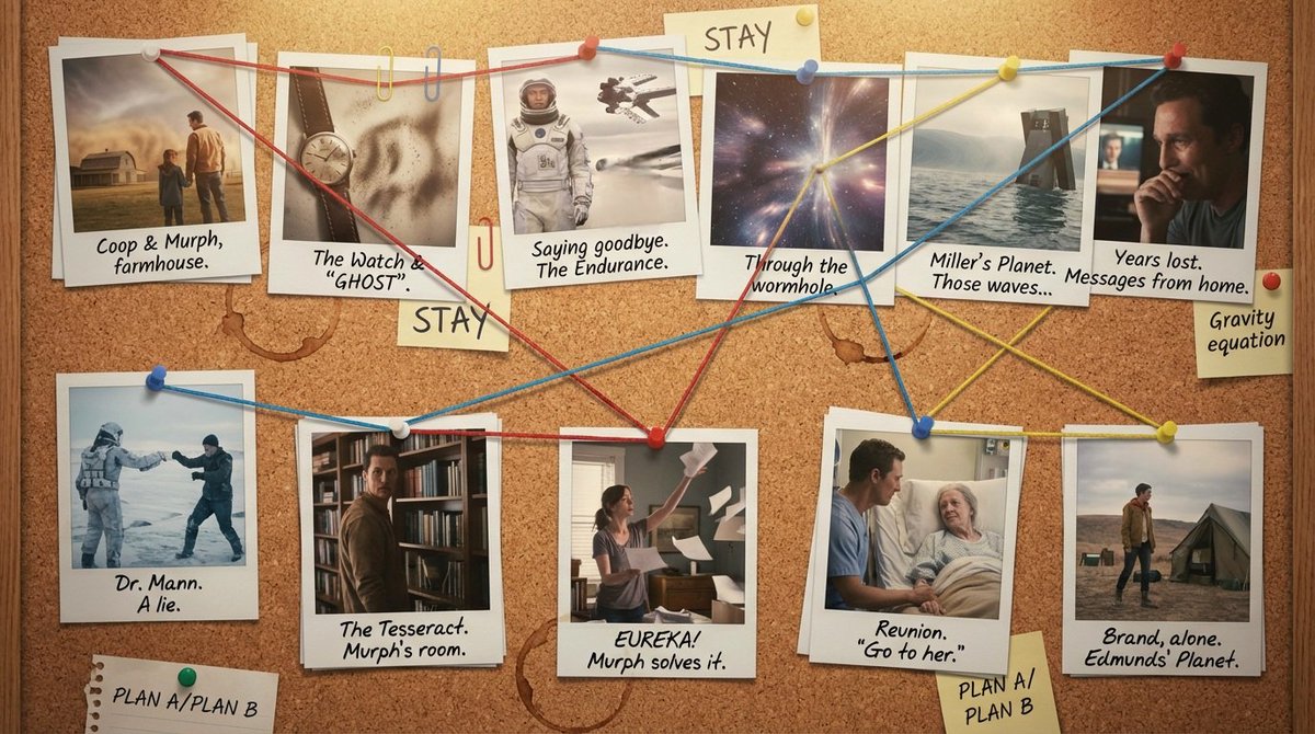 Polaroid Photos Retelling Film Novel on Corkboard