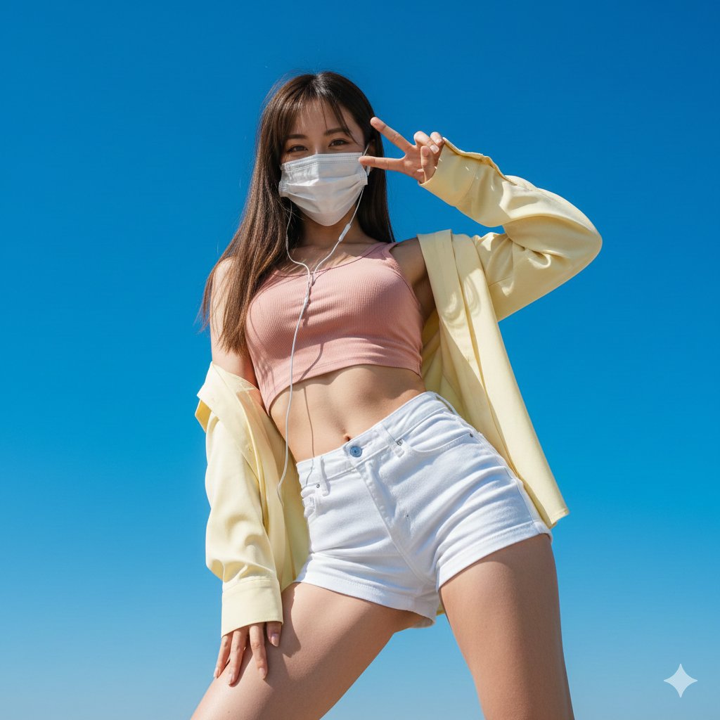 Dynamic Low-Angle Portrait Under Clear Sky - Emphasized Curves & Confident Pose