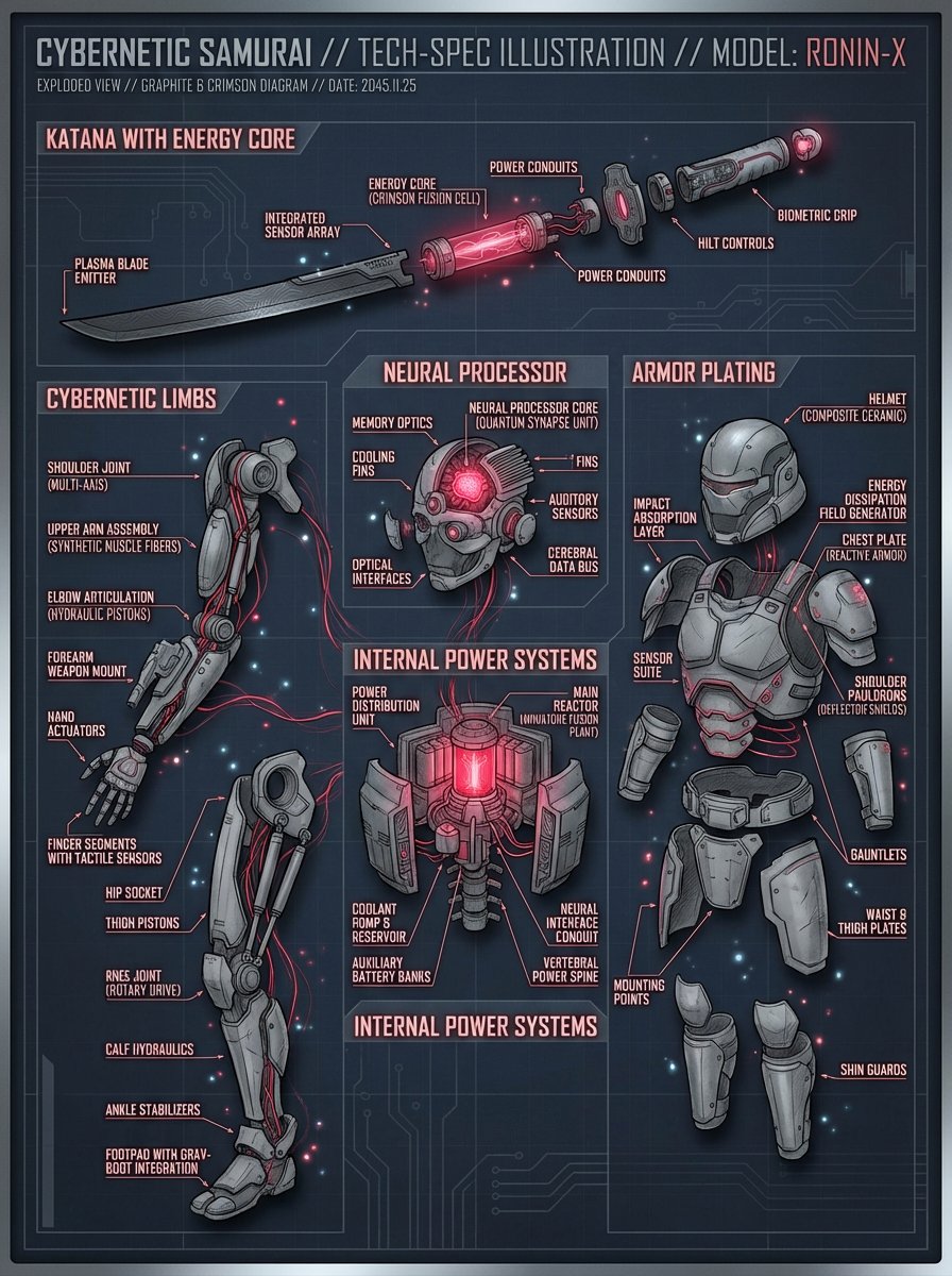 Cybernetic Samurai Technical Illustration