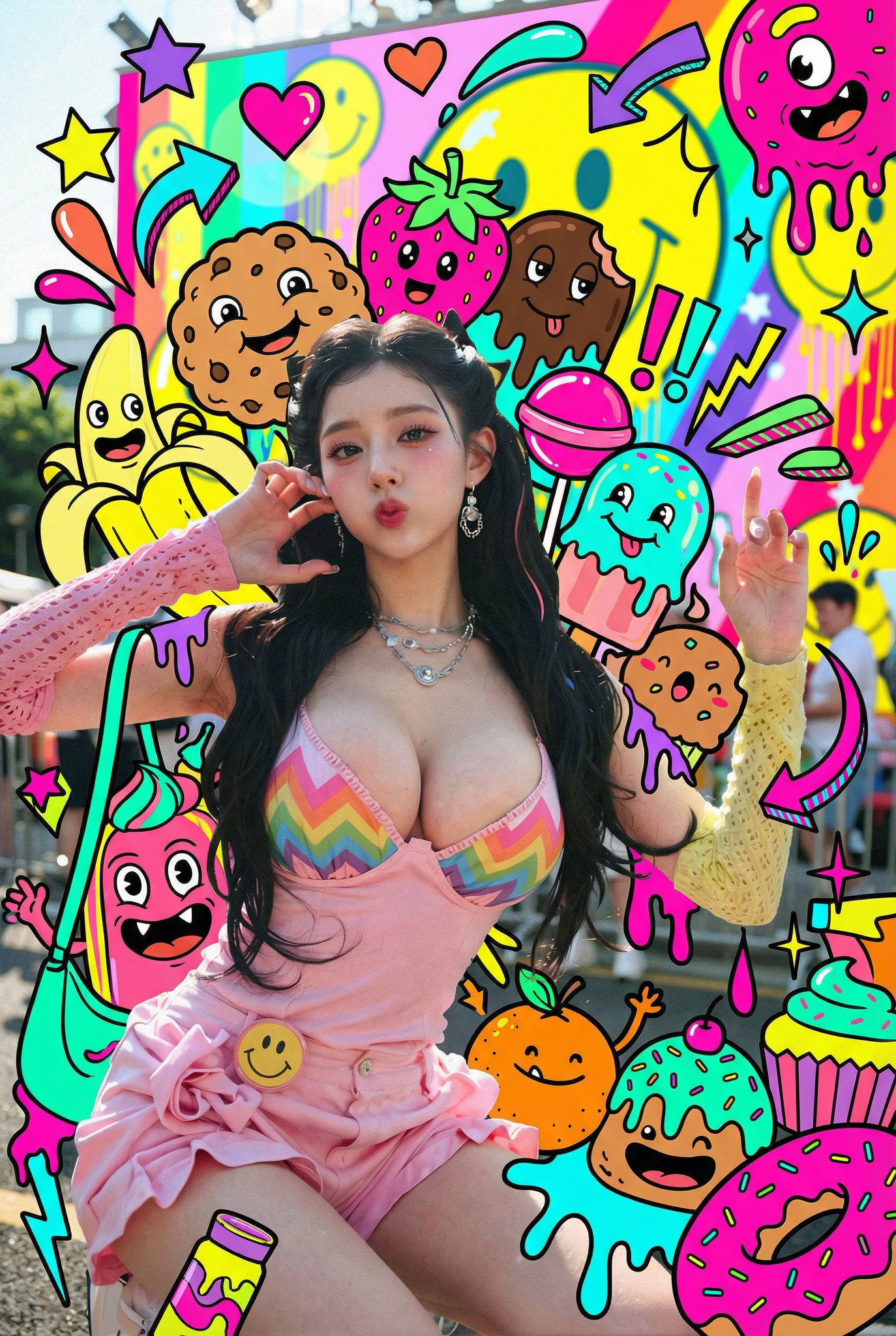 Photorealistic Person Surrounded by Dense Candy Monsters
