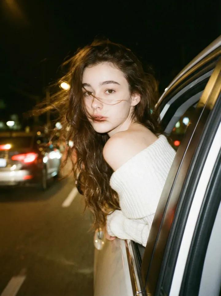 Off-Shoulder White Knitted Top Night Car Portrait