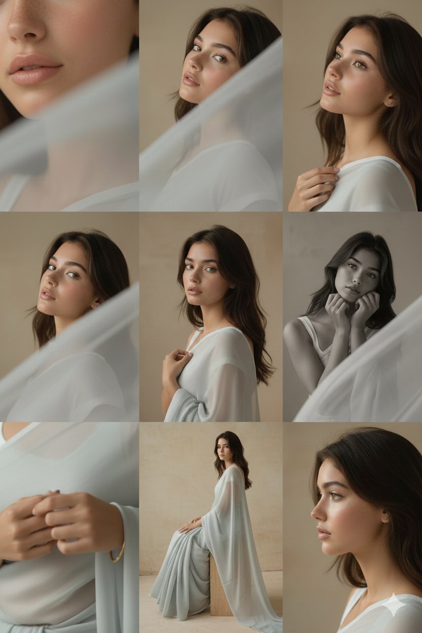 Editorial 3x3 Grid Portrait in Golden-Beige Studio